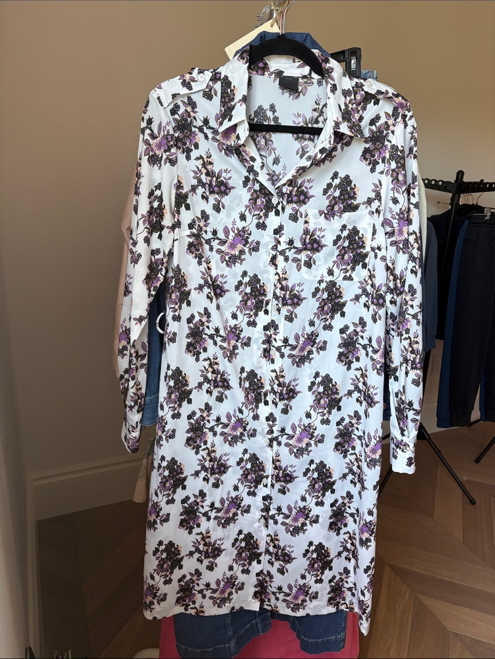 Pinko White Floral Button-Front Shirt Dress with Purple Accents